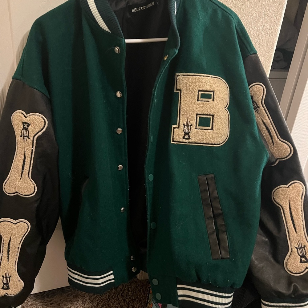 Green and Black Varsity Jacket with Bone Patches